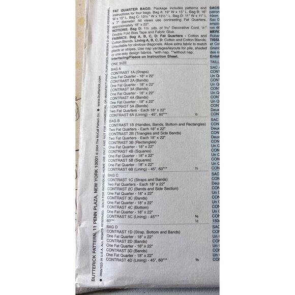 Butterick B4248 Sewing Pattern Fat Quarter Bags One Size Tote & Drawstring Desig - Picture 4 of 4